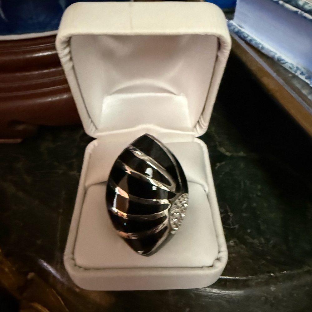 NEW Stainless Steel Black Enamel  Statement Ring Black silver with crystals.